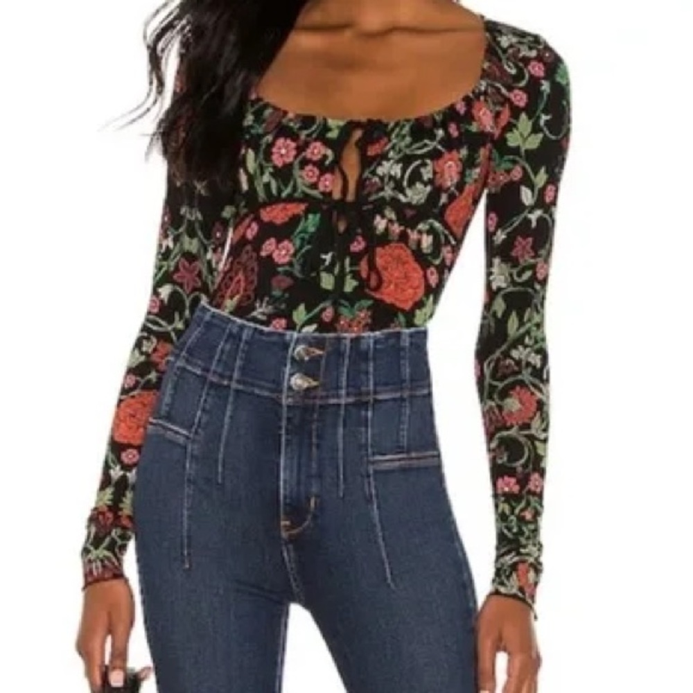 Free People Floral Black and Red Blouse